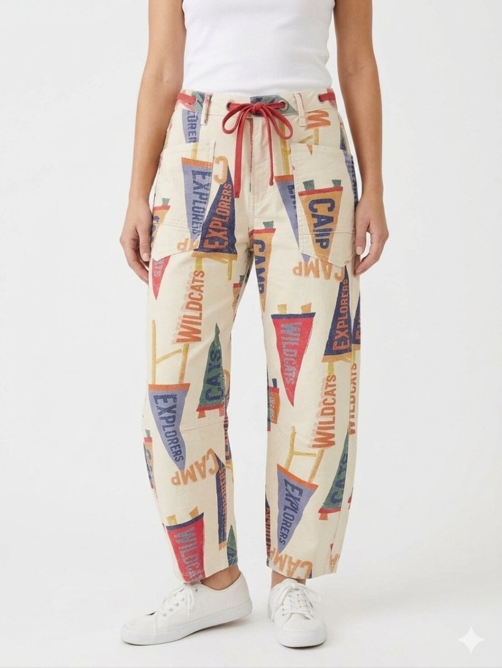 Easel Stretch Micro Corduroy Drawstring Camp-Print Barrel Pants